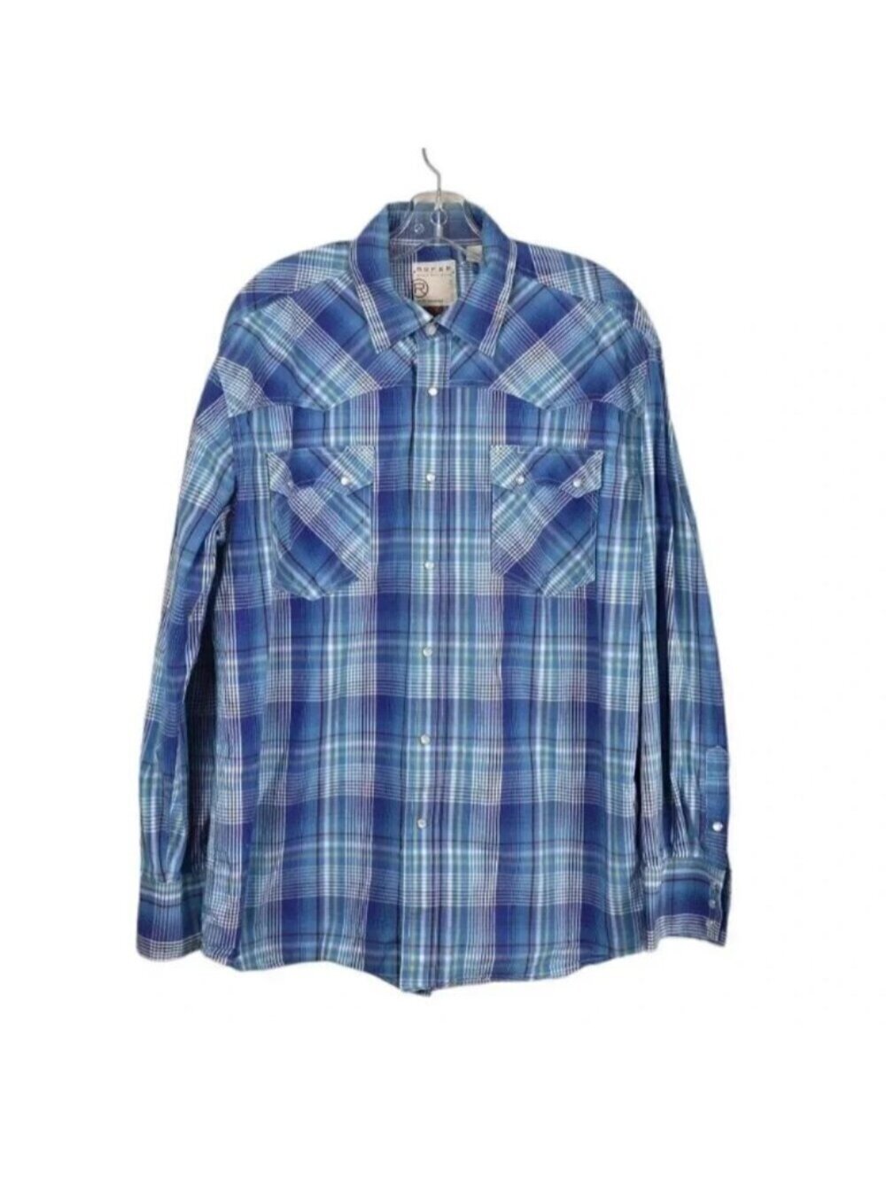 Roper Western Plaid Rodeo Cowboy Racher Cattlemans Shirt Blue White Size Large